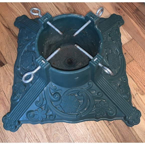 VTG Ornate Green Faux Cast Iron Plastic Christmas Tree Stand Holder Holly - Picture 3 of 4